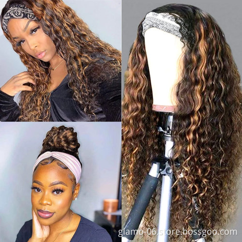 Virgin human hair headband wigs for black women,water wave kinky curly wig headband,virgin mink brazilian hair head band wig